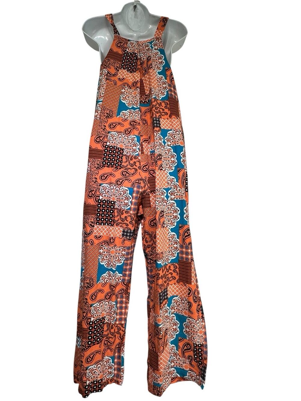 Orange Teal Patchwork Paisley Print Sleeveless Wide Leg Jumpsuit Size M